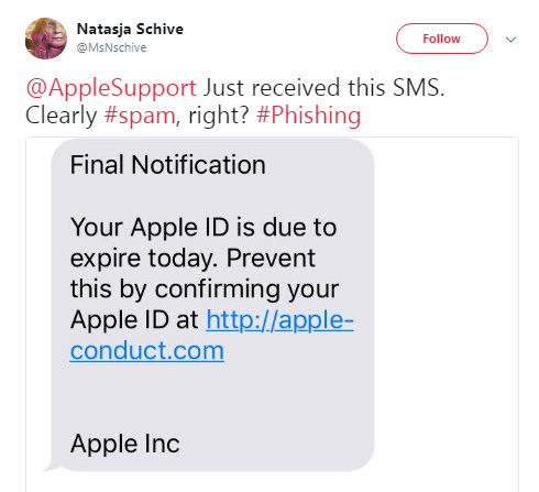 Deceptive phishing scam in SMS