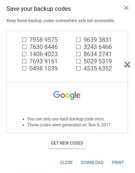 Google Authnticator backup codes