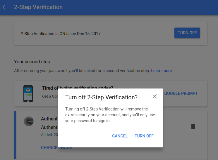 Google Authenticator Turn Off function