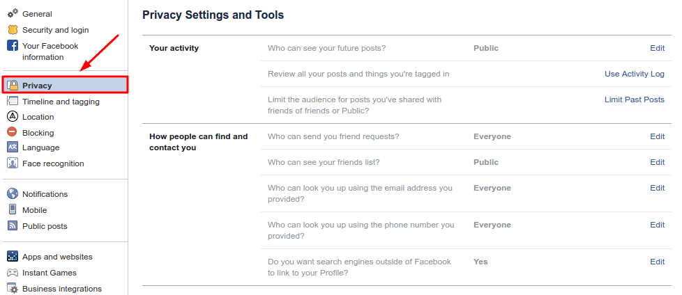 Facebook privacy settings