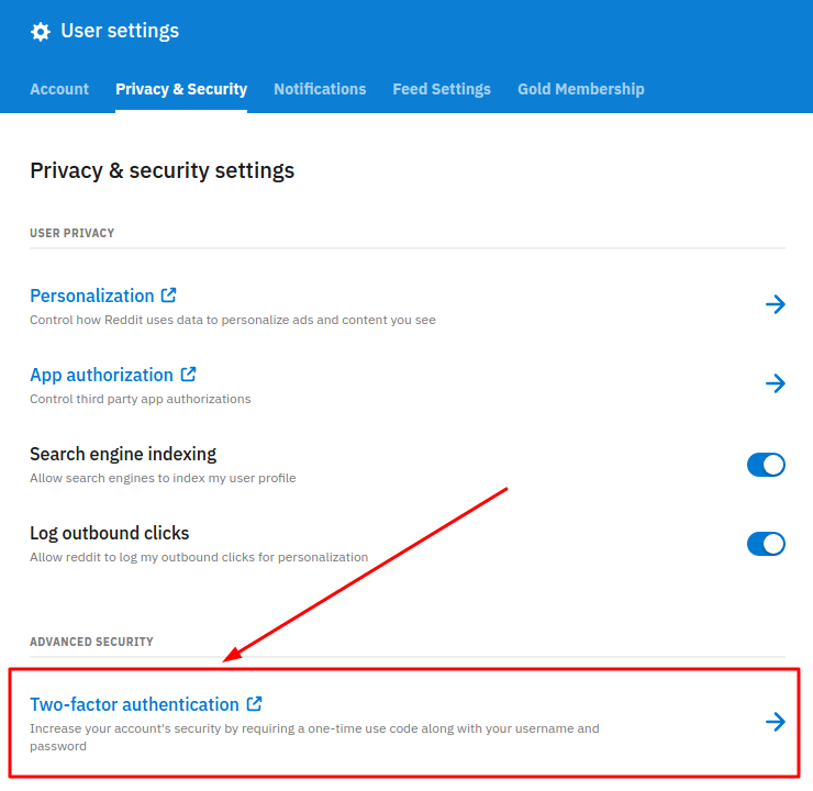 2FA on Reddit two factor authentication button