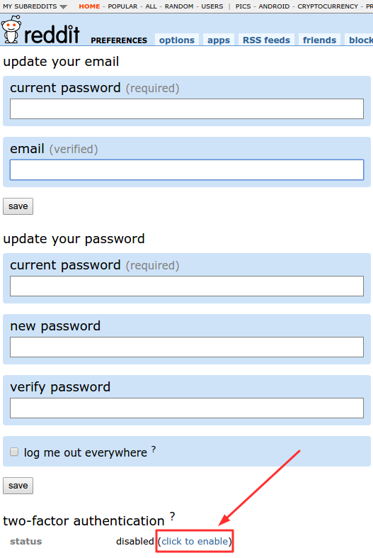 2FA on Reddit - enable two-factor authentication button