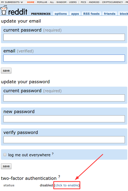 2FA on Reddit enable two factor authentication button