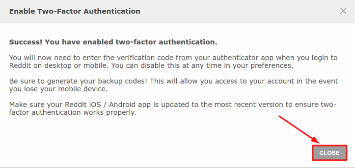 Enable two factor authentication on Reddit