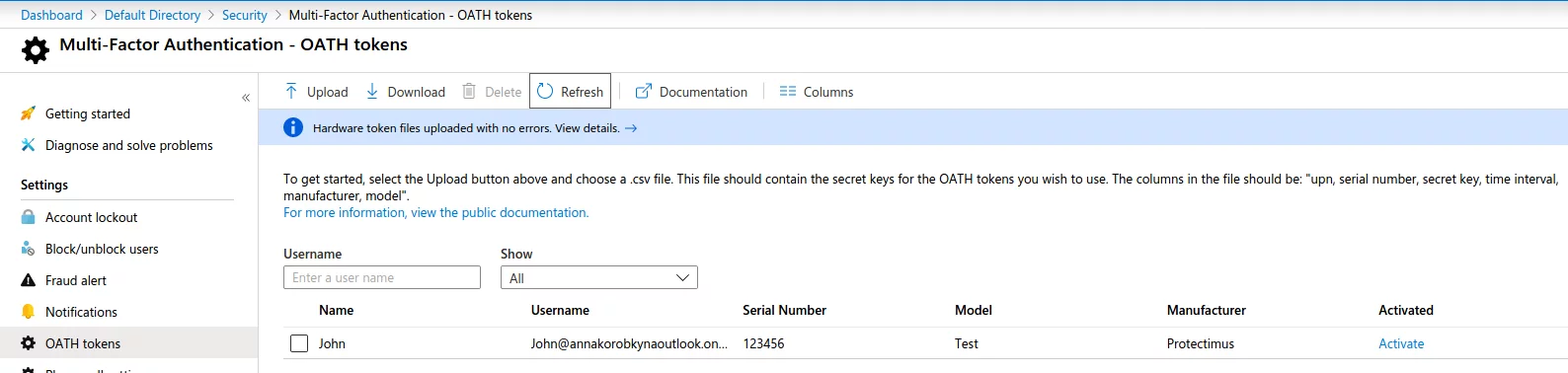 Azure Multi Factor authentication Oath hardware tokens setup