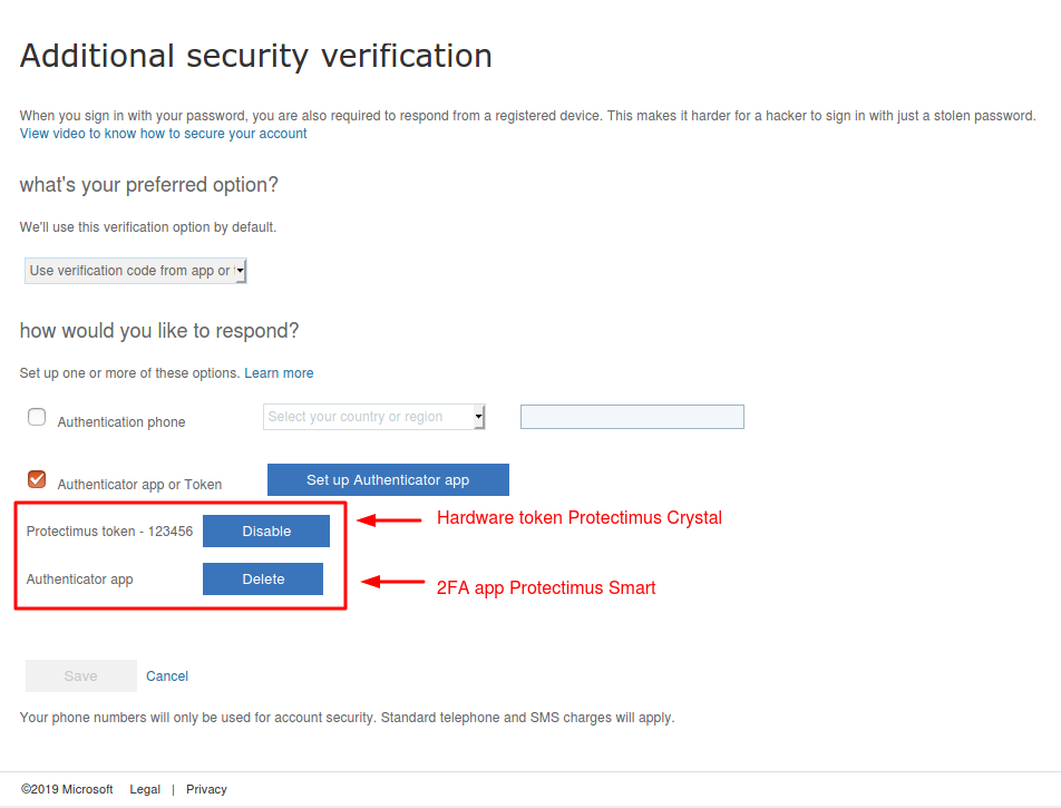How to set 2 two-factor authenticatication methods in Azure - 2FA app and OATH token