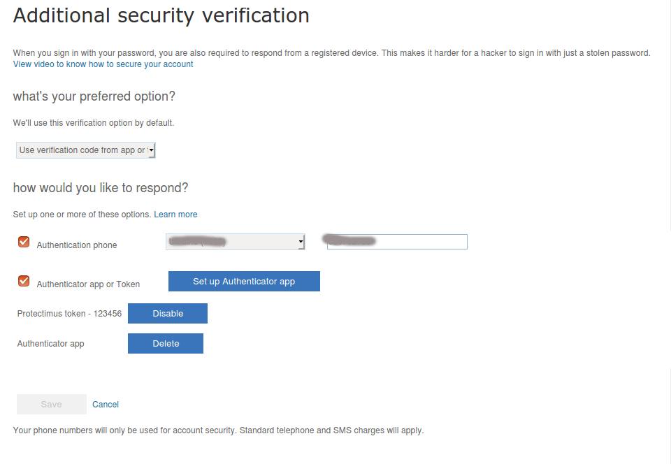 How to set 3 two-factor authenticatication methods in Azure - SMS authentication, 2FA app and OATH token