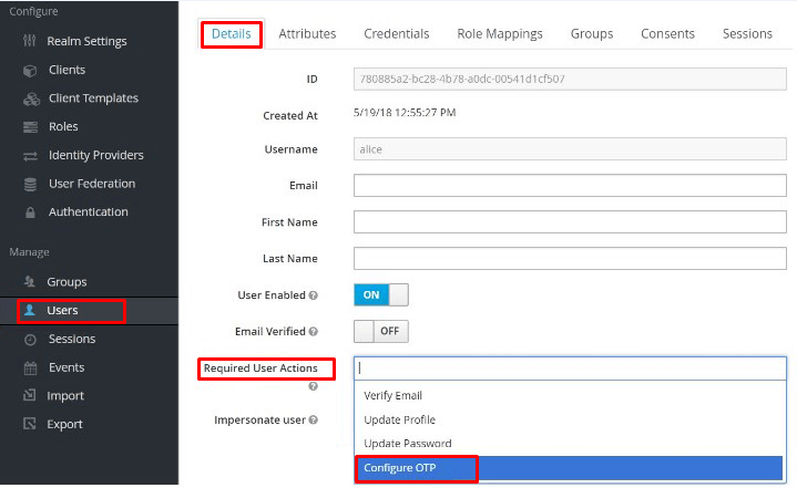 Keycloak multi factor authentication configuration enforcing existing user