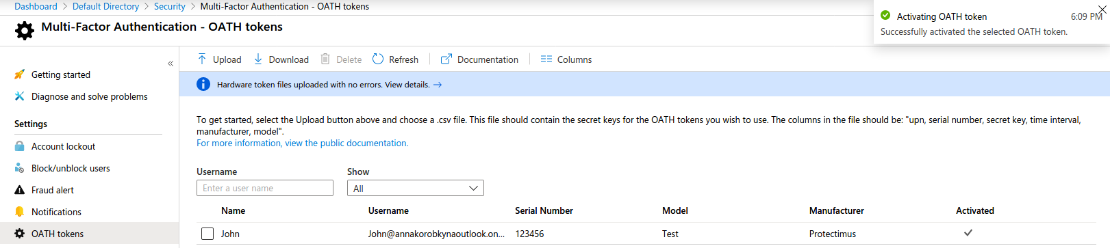 OATH tokens for Azure MFA setup activated