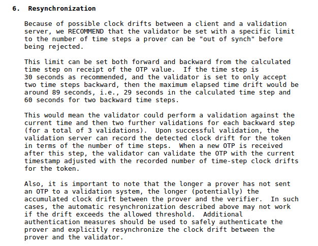 RFC 6238 TOTP algorithm resynchronization recommendations