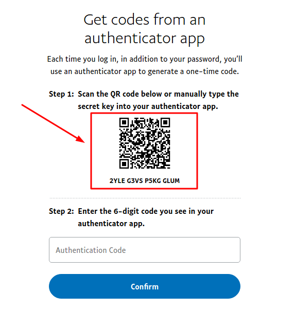 PayPal 2 factor authentication set up QR code with secret key