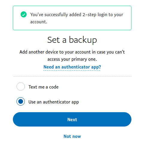 PayPal two factor authentication setup set a backup