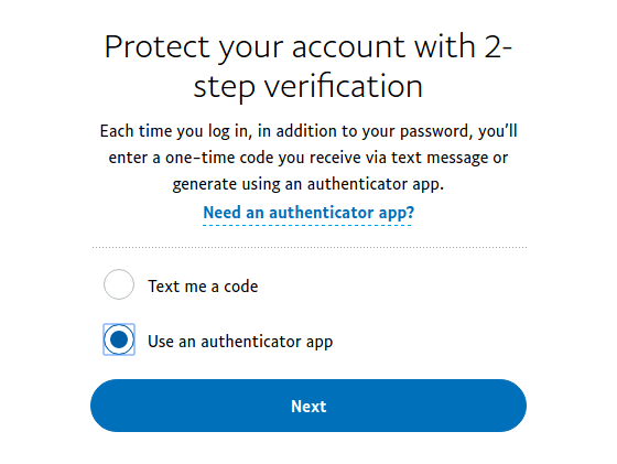 Choose PayPal 2FA method SMS or 2FA app