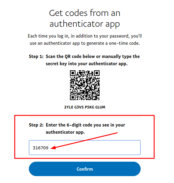 PayPal two factor authentication enter PayPal security code