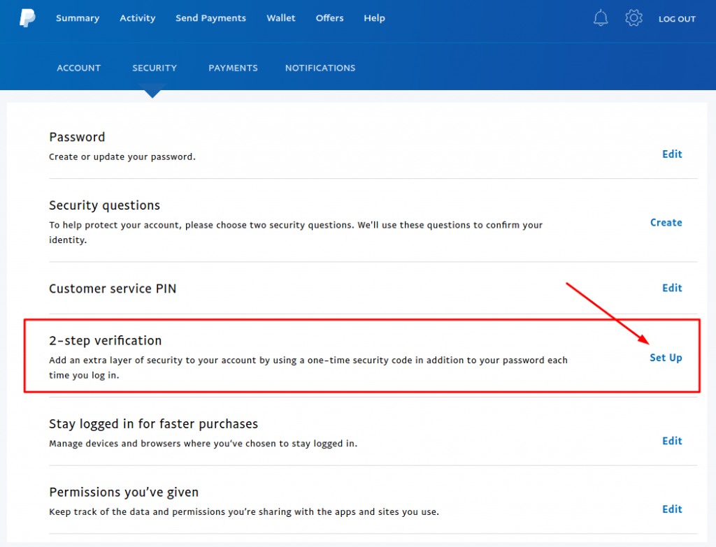 PayPal 2-step verification set up settings