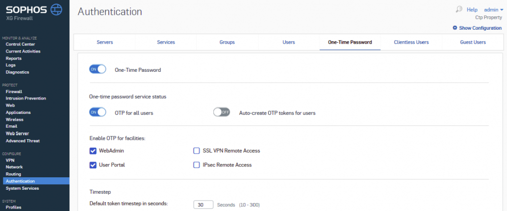 Sophos two factor authentication with classic TOTP hardware tokens step 1