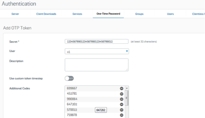 Sophos OTP with classic TOTP hardware tokens - backup codes