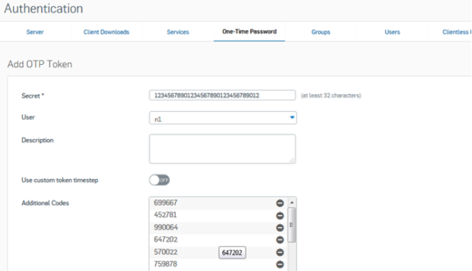 Sophos OTP with classic TOTP hardware tokens backup codes