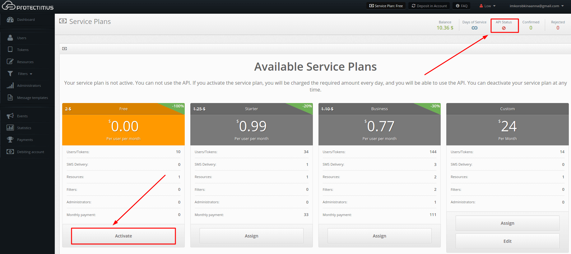 Activate a service plan in Protectimus SaaS service