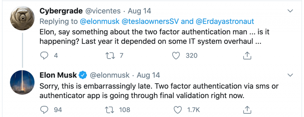 Elon Musk announces Tesla app two factor authentication