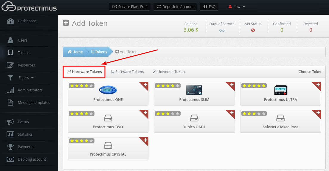 Protectimus 2FA system setup - Hardware Tokens tab