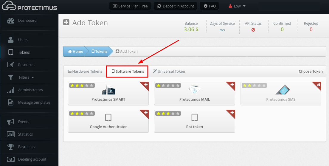 Protectimus 2FA system setup - Software Tokens tab