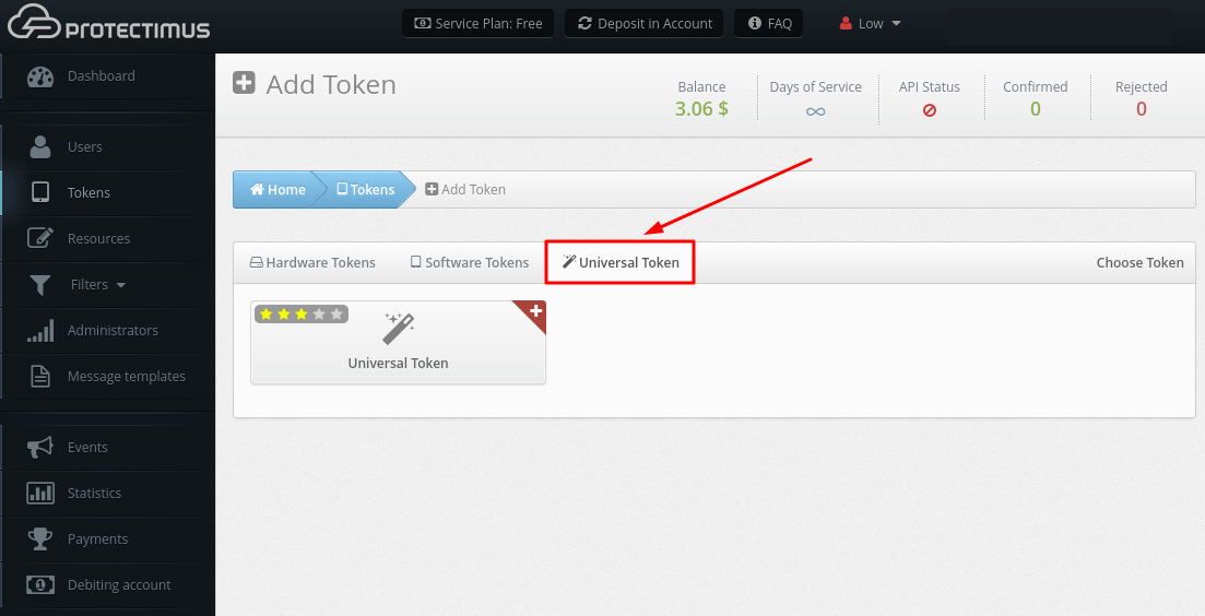 Protectimus 2FA system setup - Unoversal Token tab