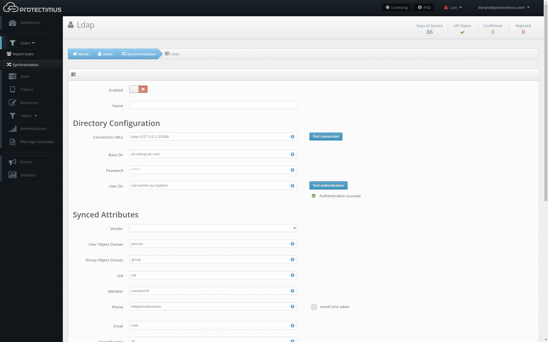 protectimus-mfa-platform-users-synchronization-step-2 - Protectimus Limited How to enable Protectimus on-premise platform users synchronization with your user directory - step 2