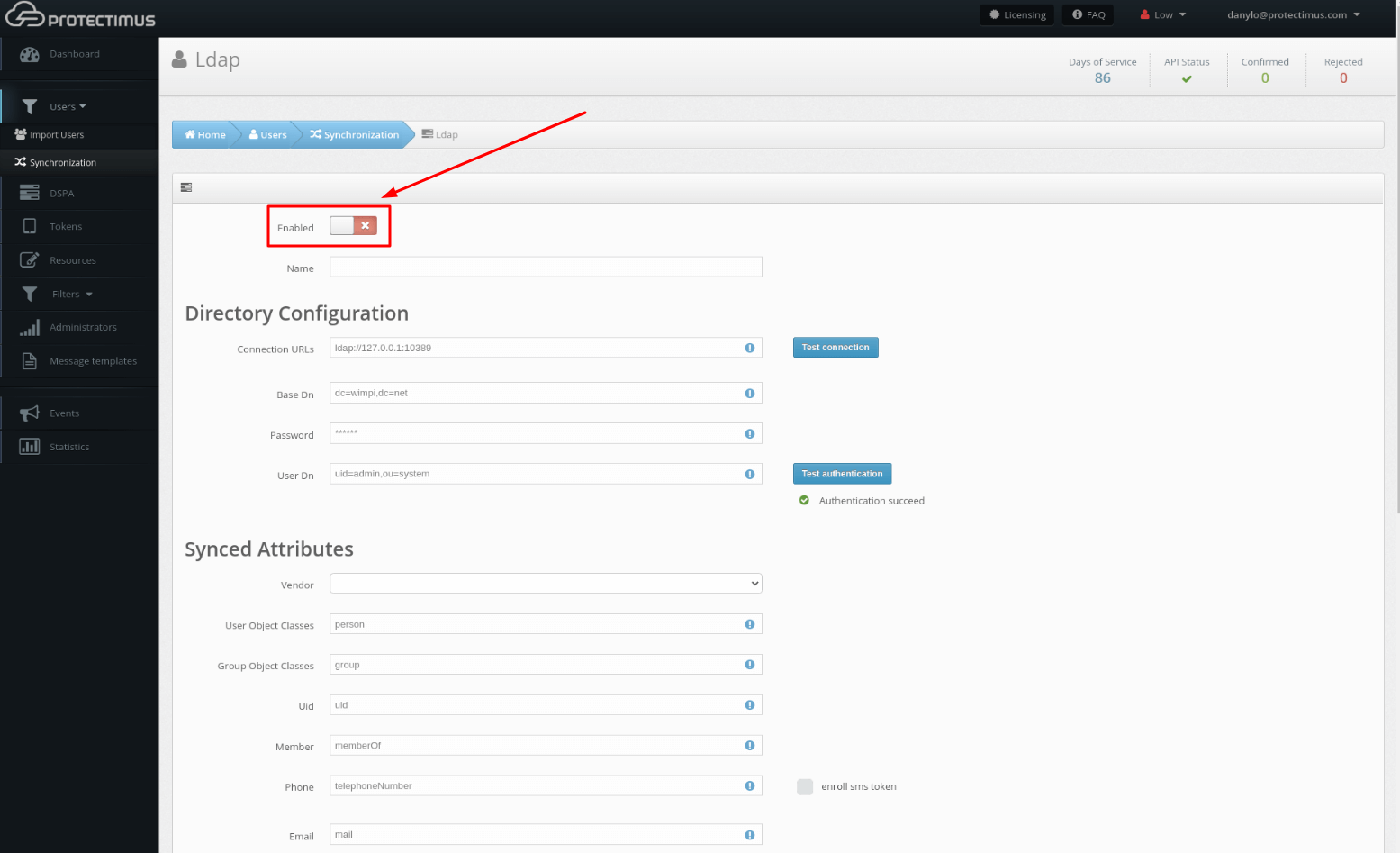 How to enable Protectimus on-premise platform users synchronization with your user directory - step 5