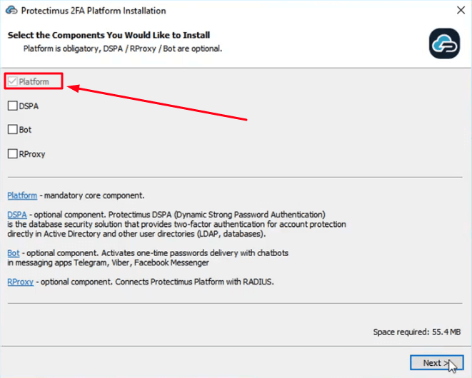 How to install the Protectimus On-Premise Two-Factor AUthentication Platform on Windows - step 1