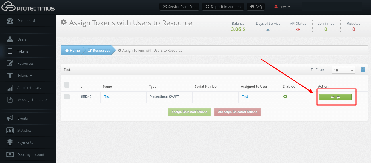 How to Assign Tokens With Users to a Resource in Protectimus 2FA Service - step 2