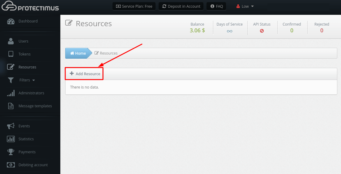 Protectimus two-factor authentication sytem setup - Add Resource