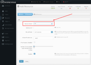 Protectimus two-factor authentication sytem setup - Add Resource Name