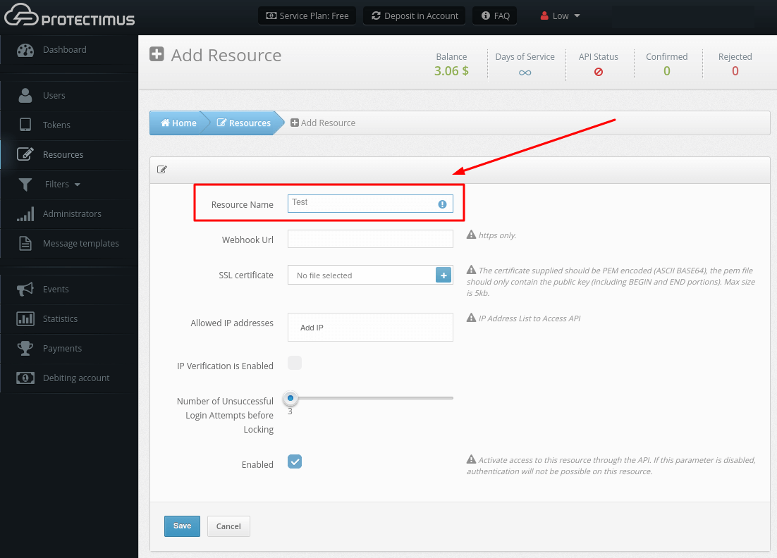 Protectimus two-factor authentication sytem setup - Add Resource Name