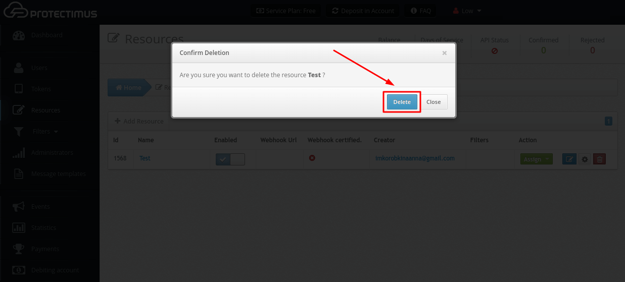 Protectimus two-factor authentication sytem setup - Confirm that you want to delete a Resource
