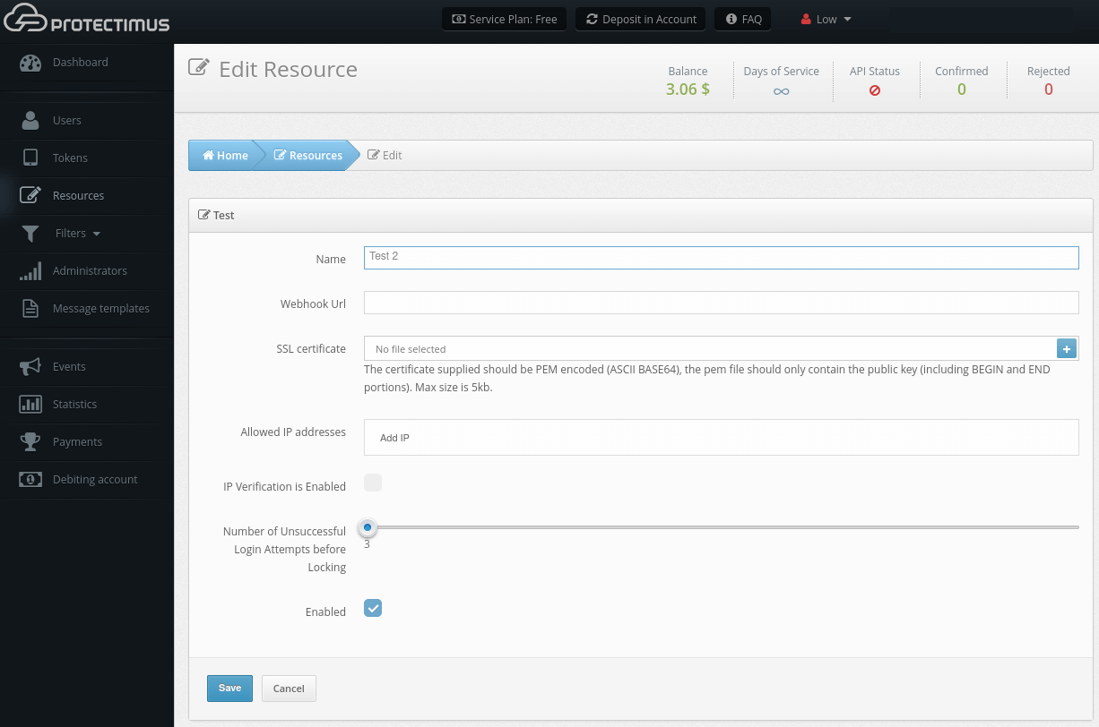 Protectimus two-factor authentication sytem setup - Resources edit page