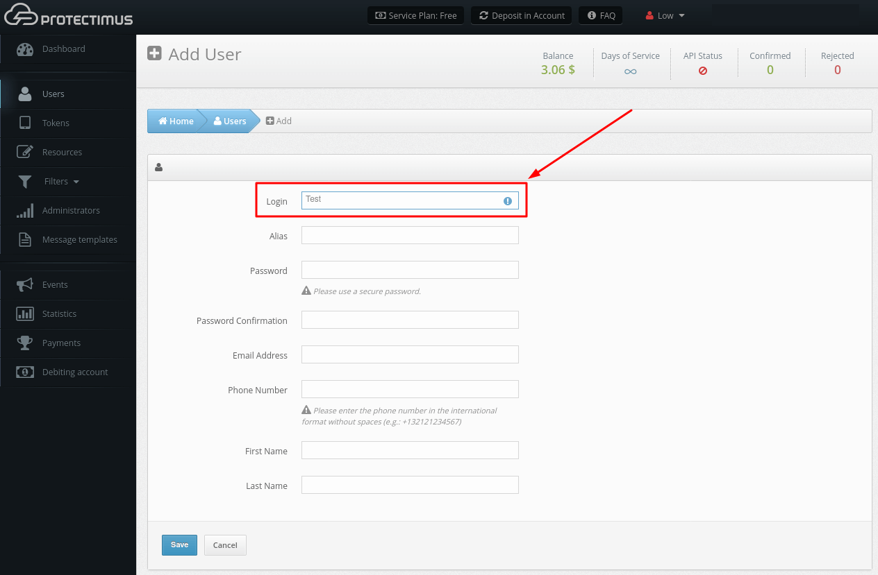 Protectimus two-factor authentication sytem setup - Add User login