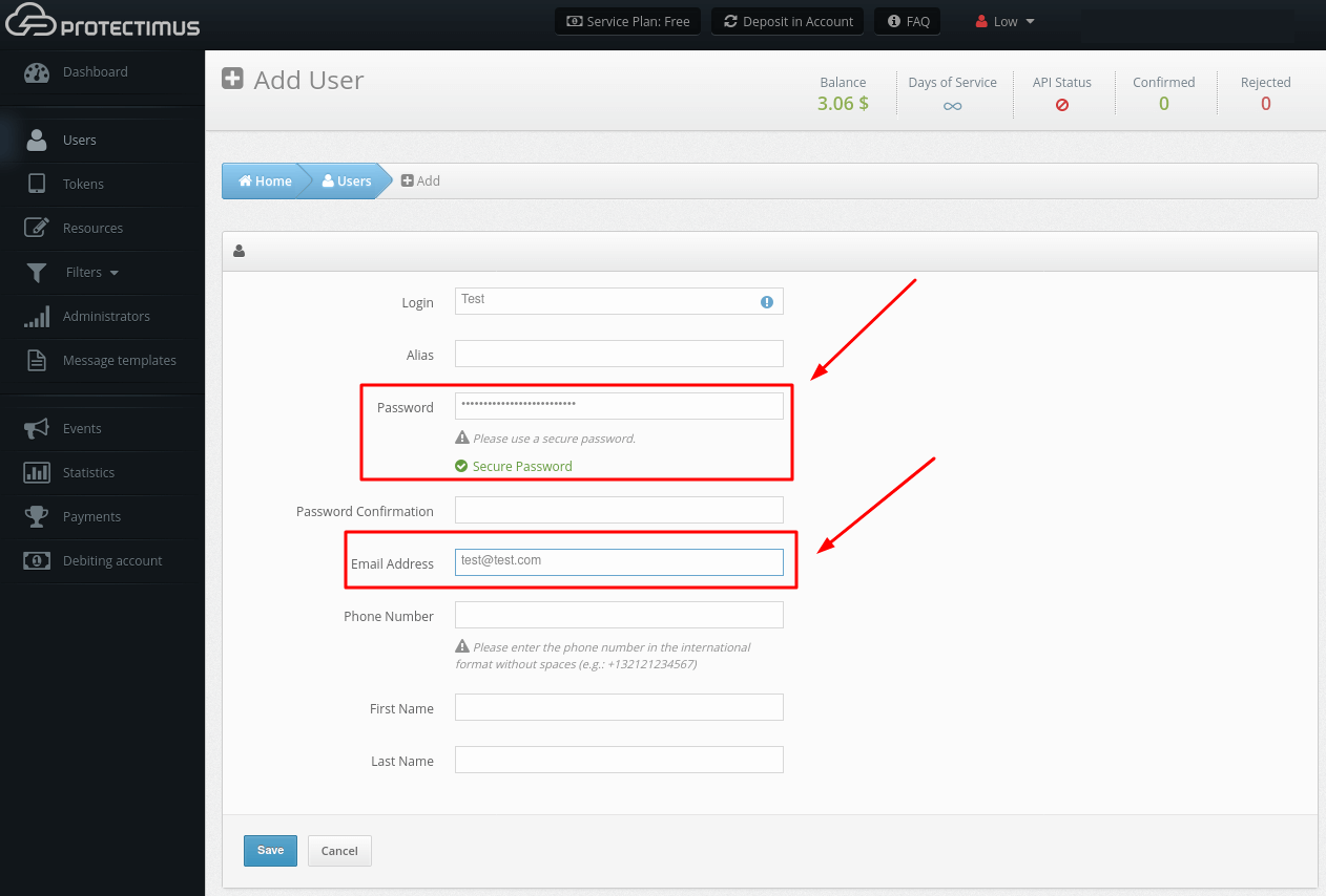 Protectimus 2FA sytem setup - Add User password or email if you will activate Users's Self Service