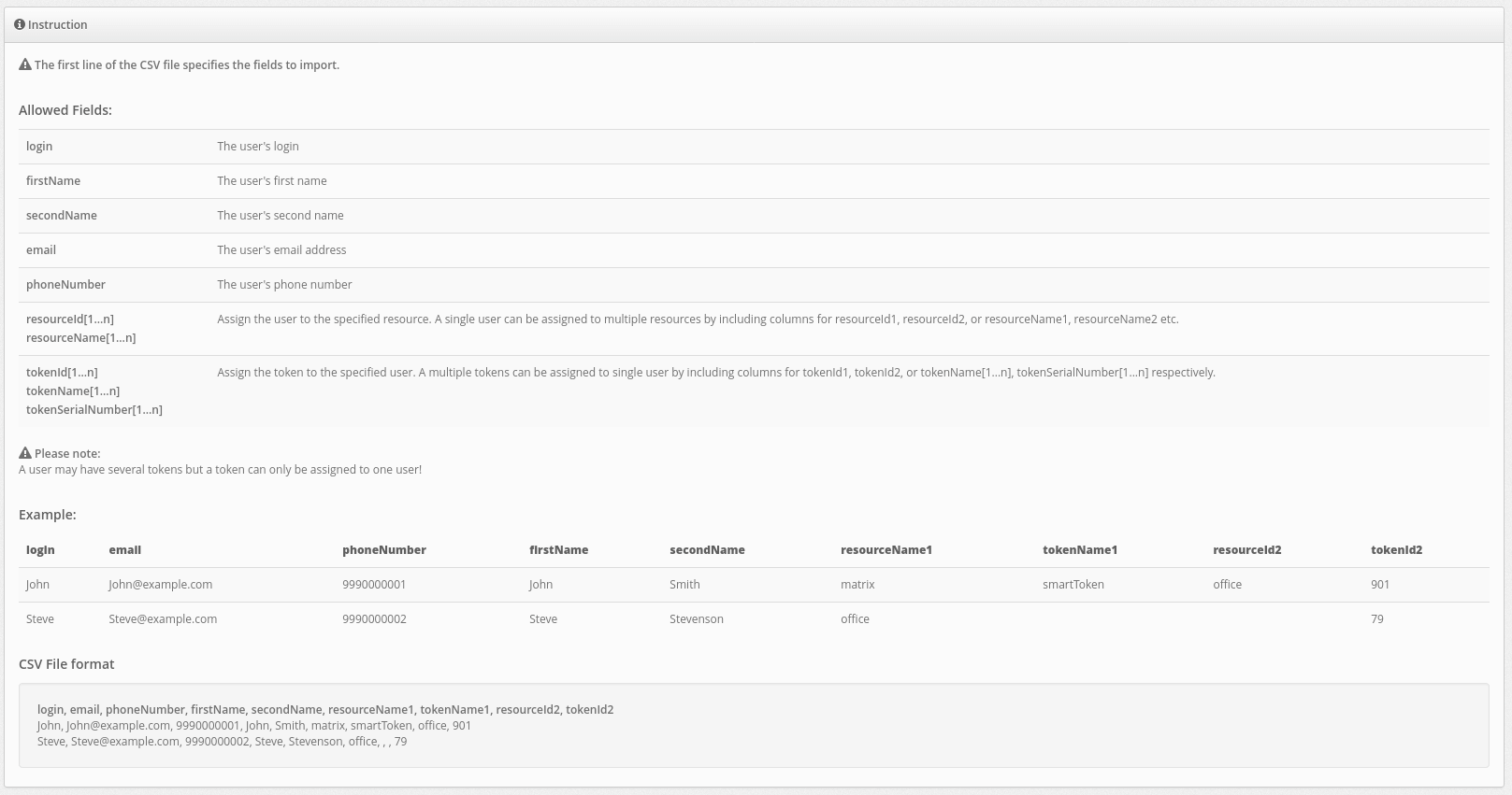 Protectimus 2FA system setup - Import users CSV file example