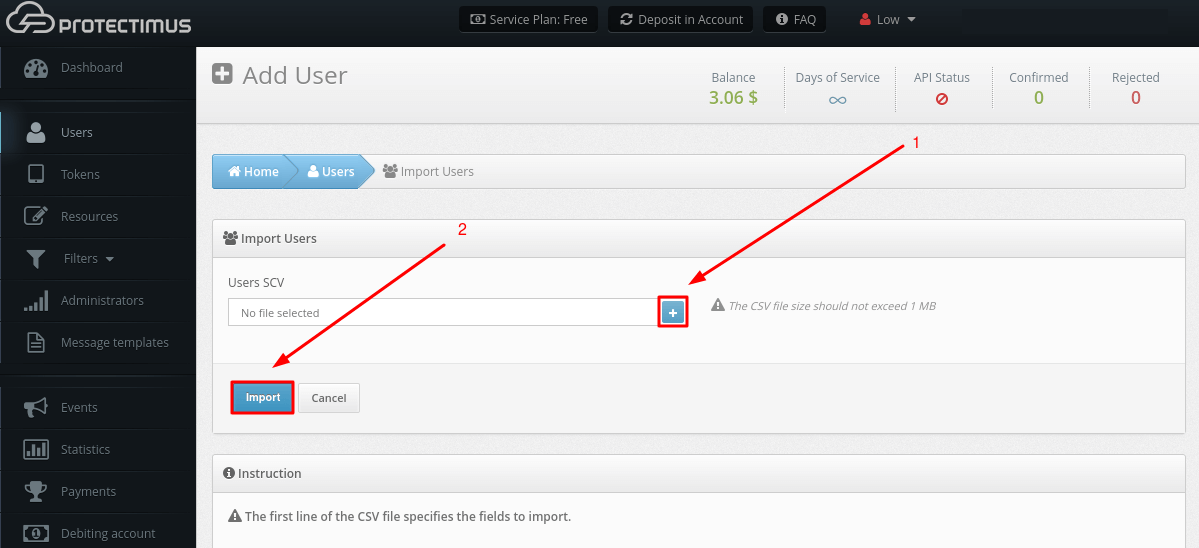 Protectimus 2FA system setup - Add CSV file to import users