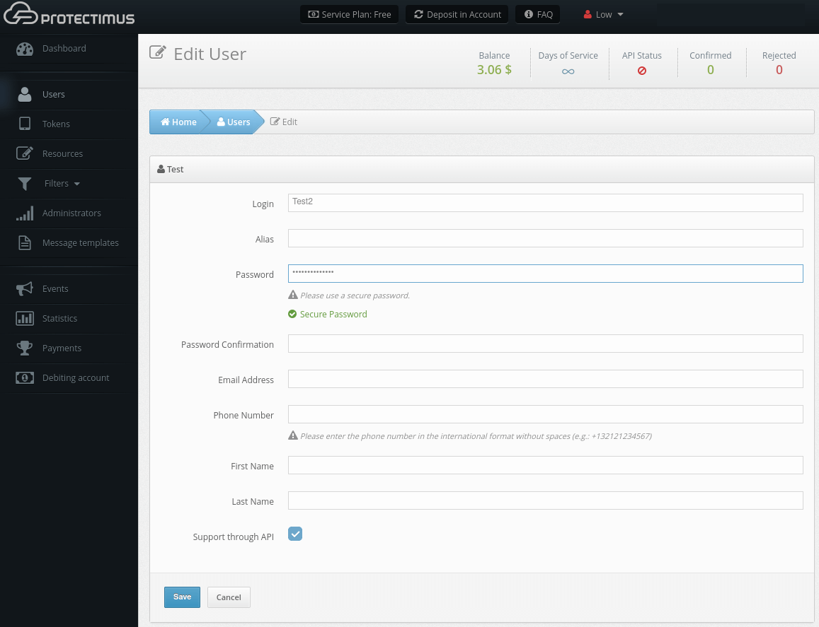 Protectimus 2FA system setup - Edit user page