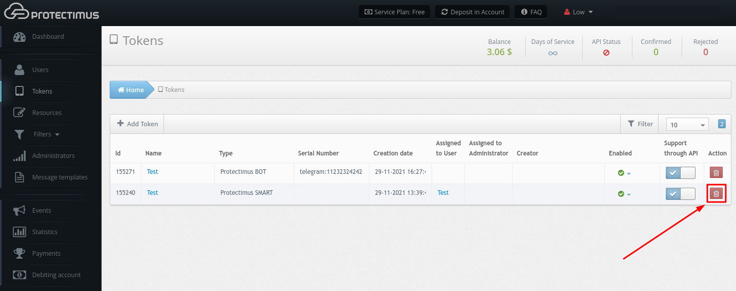 Working with tokens in Protectimus 2FA system - How to delete the token