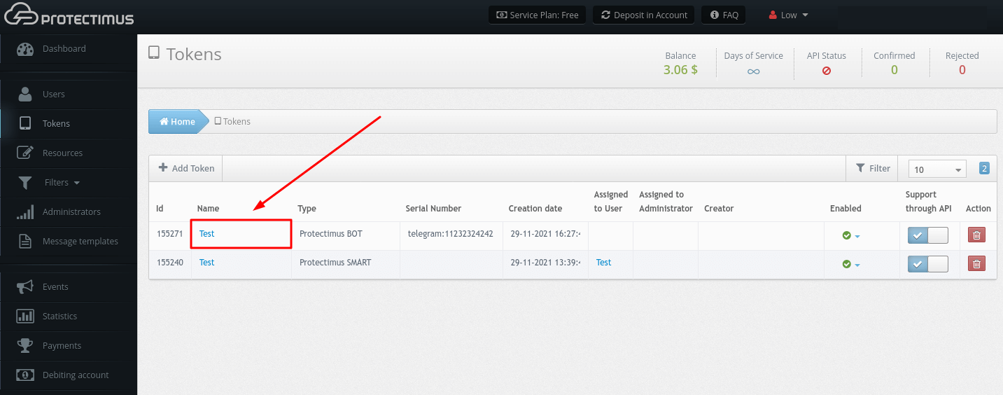 Working with tokens in Protectimus 2FA system - Find the token you need anc click on its name