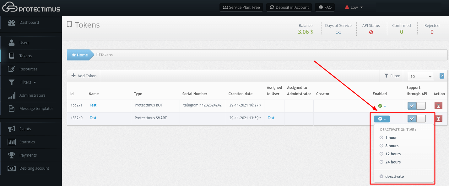 Working with tokens in Protectimus 2FA system - How to deactivate the token