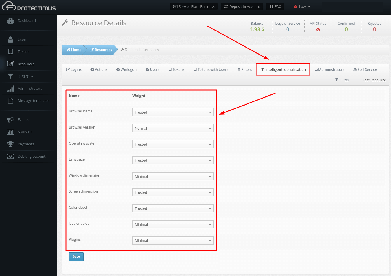 How to activate Protectimus Untelligent Identification - step 2