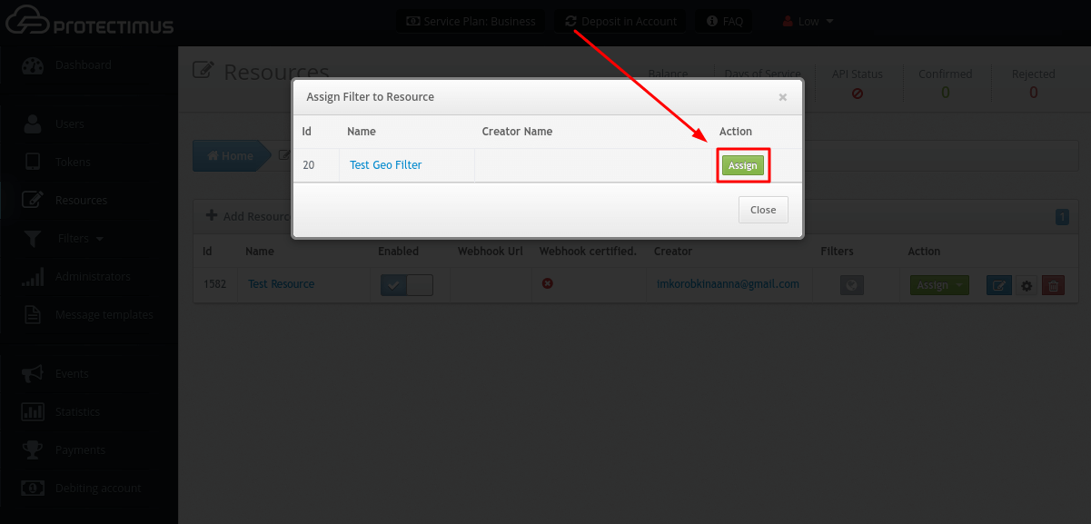 How to assign Filter to the Resource in Protectimus two-factor authentication service - step 2
