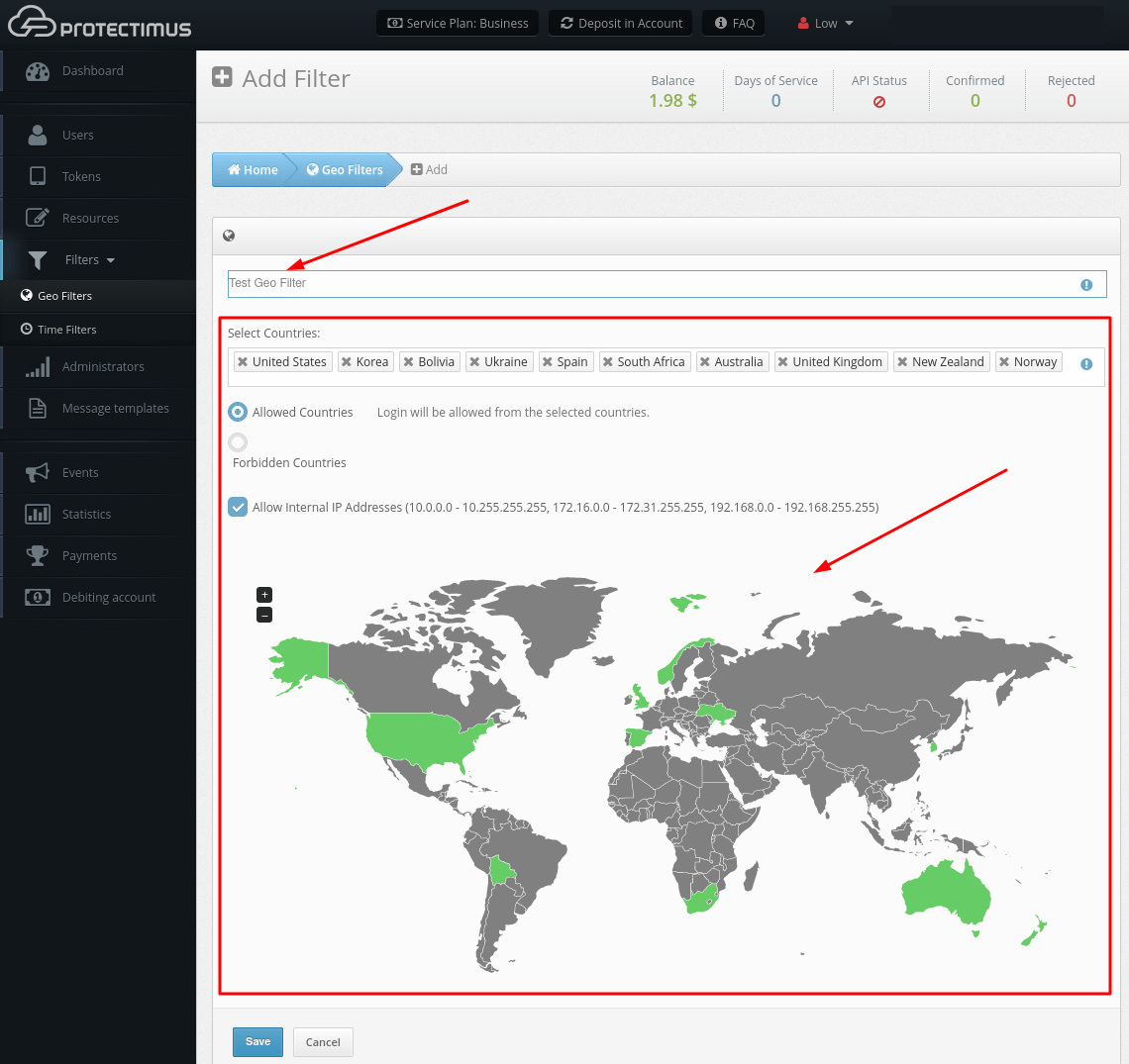 How to add Geo Filters in Protectimus 2-factor authentication system - name the filter and select the necessary countries
