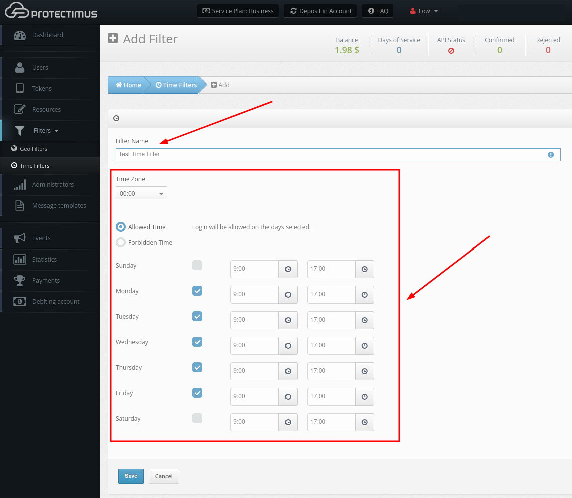 How to add Time Filters in Protectimus 2-factor authentication system - name the filter ad set up the time