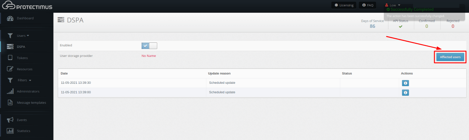 Protectimus DSPA Activation and Deactivation - Affected users