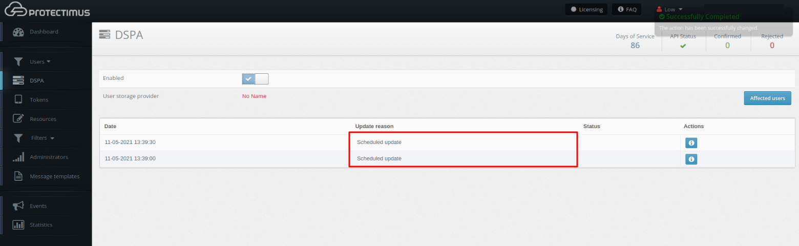 Protectimus DSPA Activation and Deactivation - Scheduled passwords update